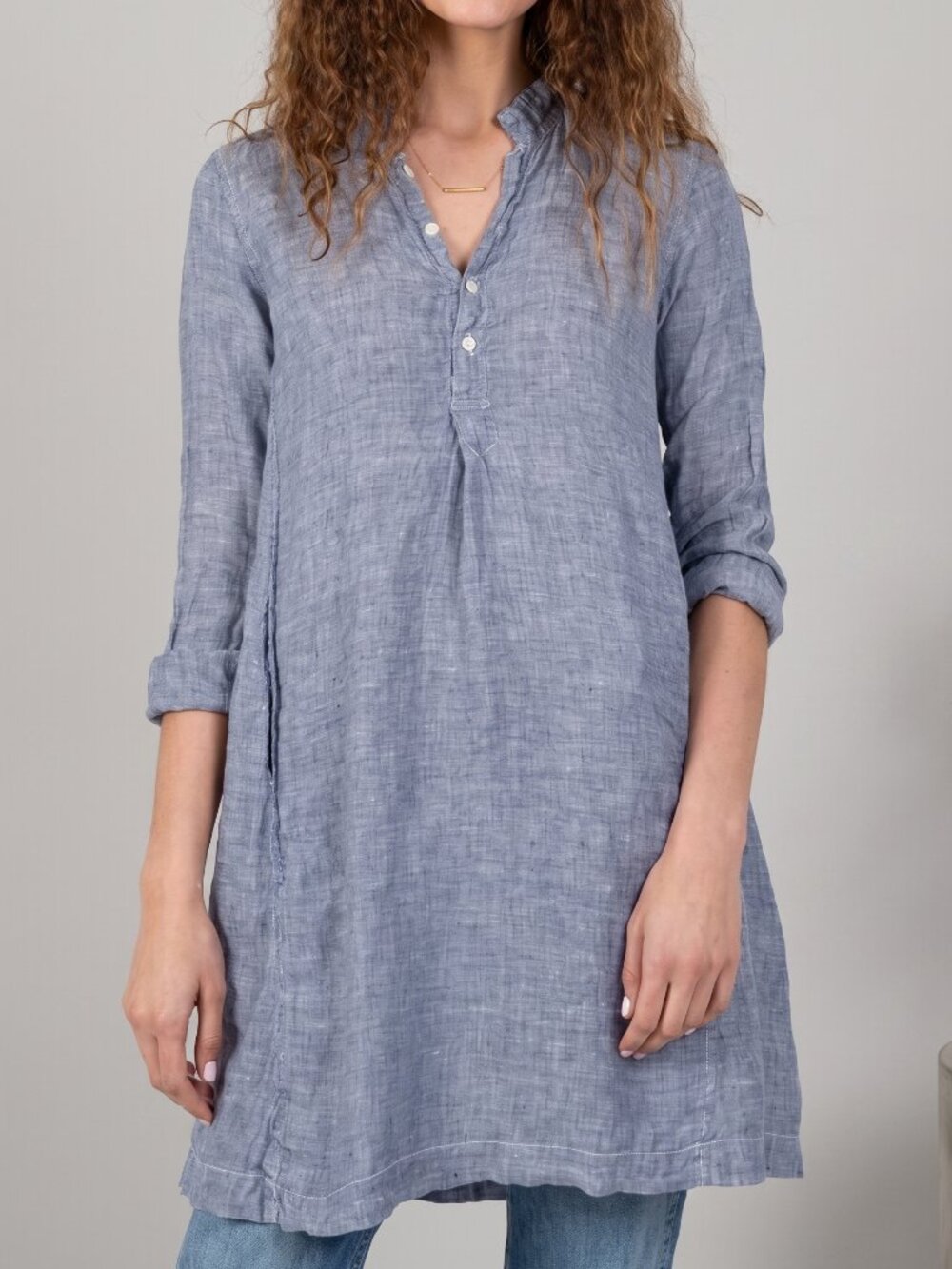 CP Shades Jasmine Tunic Linen Midi Shirt Dress Blue Chambray Band Collar Henley